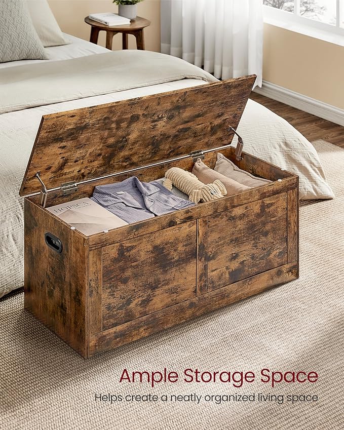 VASAGLE Storage Chest, Storage Trunk with 2 Safety Hinges, Storage Bench, Shoe Bench, Farmhouse Style, 15.7 x 39.4 x 18.3 Inches, for Entryway, Bedroom, Living Room, Rustic Brown ULSB164K01