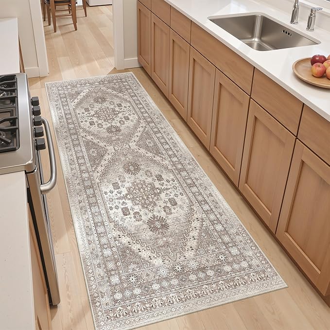 Washable Runner Rug 2x6 Hallway Runner Rug Ultra-Thin Kitchen Rug Non Slip Indoor Floor Foldable Carpet with Low Pile for Entryway Bathroom Laundry Room Living Room(Brown/Beige,2'x6')