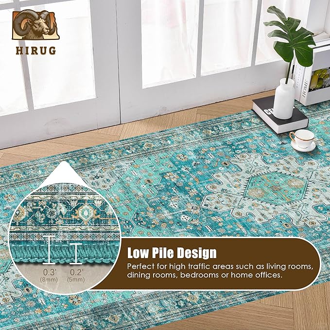 Washable Area Rug 2'6'' x 8' Vintage Traditional Persian Mat - Foldable Distressed Non-Slip Machine Washable Carpet for Living Room Bedroom Kitchen Home Decor - Teal and Gold