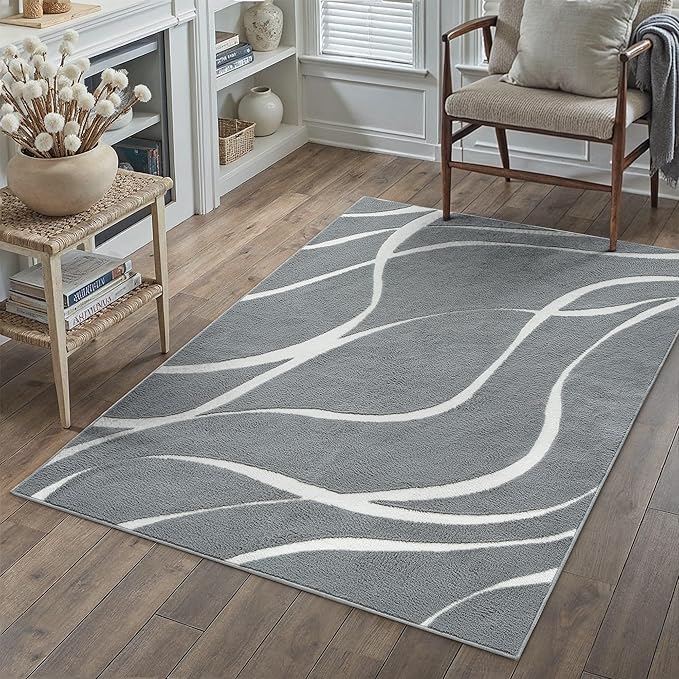HUGEAR Shag Area Rug 4x6 Grey & Ivory Washable Living Room Bedroom Rug Non Slip Non-Shedding Soft Plush Medium Pile Large Throw Carpet for Home Office Aesthetic Modern Decor