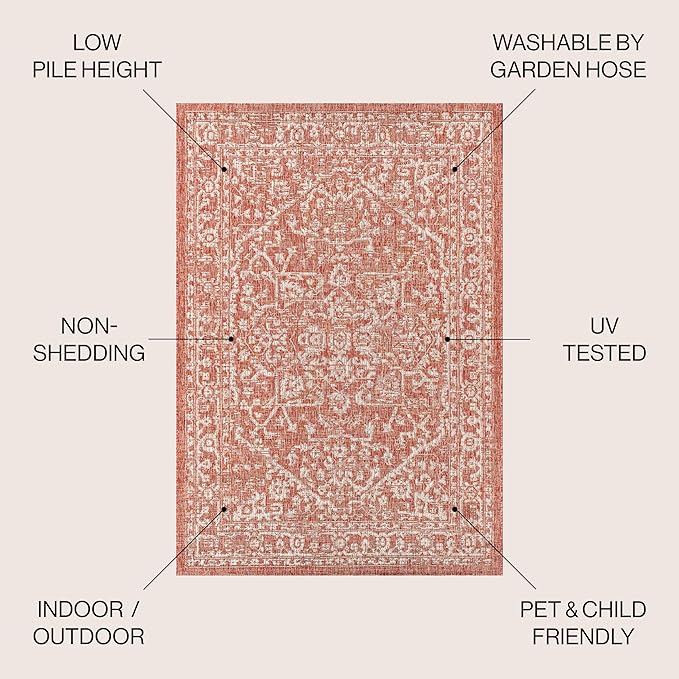JONATHAN Y Boho Medallion Indoor Outdoor Square Area Rug 4X4 Red/Taupe, Malta Textured Weave for Backyard, Patio, Porch, Easy-Cleaning, High Traffic, Pet-Friendly, Non-Shedding (SMB104A-4SQ)