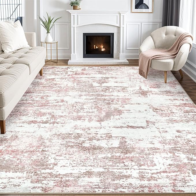 Area Rugs for Living Room: 10x14 Abstract Washable Rug Large Soft Stain Resistant Non-Slip Backing for Bedroom Dining Room Indoor Home Office Carpet for Kids Pet Friendly Families - Pink