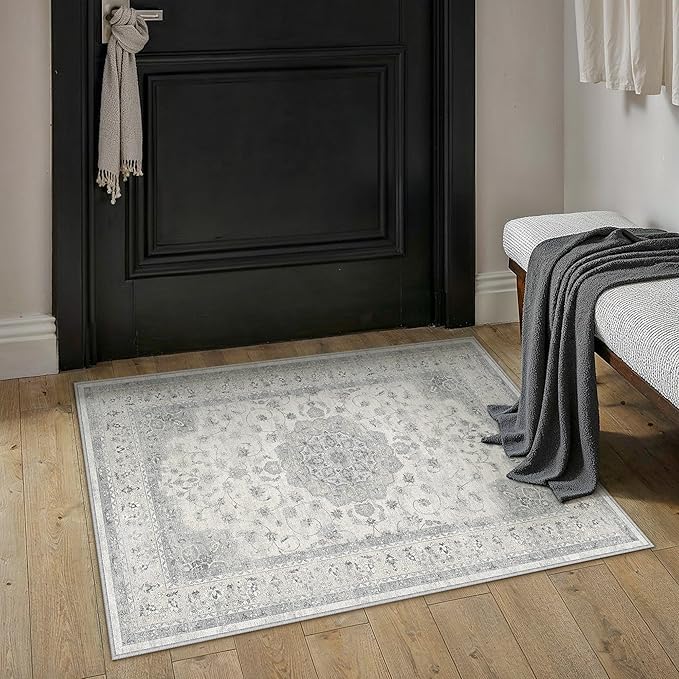 HUGEAR Entryway Machine Washable Area Rugs 2x3 Vintage Grey Small Neutral Style Non Slip Stain Resistant Low Pile Throw Carpet for Hallway Kitchen Retro Aesthetic Modern Decor