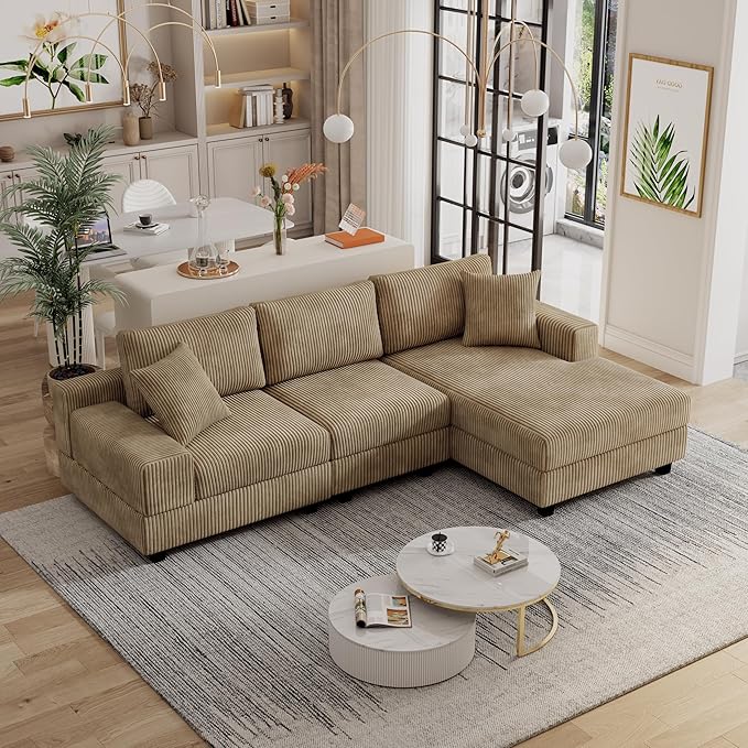 Eafurn Convertible L Shaped Modular Sectional Sofa Couch, 5 Seater Corduroy Upholstered Corner Sofa Lounge Couch with Extra Wide Reversible Chaise Lounge and Headrest for Living Room