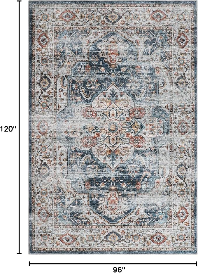 Washable Rug 8x10 Area Rugs for Living Room - Stain Resistant Non-Slip Backing Rugs for Bedroom - Vintage Large Area Rug (Navy, 8'x10')
