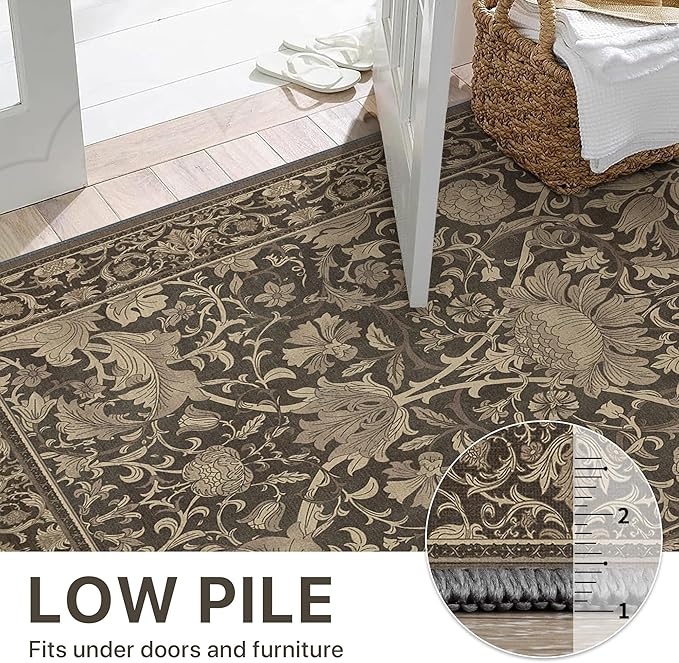 Bavni 5x7 Area Rugs, Vintage Style Thin Rugs for Living Room Bedroom Dining Room, Low Pile Lightweight Non Slip Machine Washable Rug, Aesthetic Floral Pattern Print Home Decor Elegant Black Gold Rug