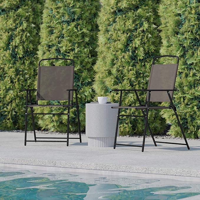 Flash Furniture Mystic Folding Patio Sling Chairs, Outdoor Textilene Lawn Chairs with Armrests, Set of 2, Brown