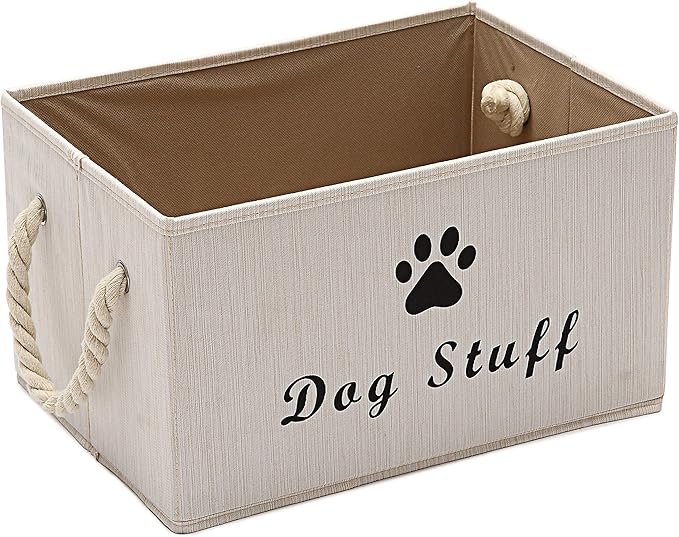 Geyecete Large Fabric Storage Bins Organizer with Weave Rope Handle, Collapsible Cube Basket Container Box for Dog Apparel & Accessories,Dog Coats,Dog Toys Gift Baskets-Beige