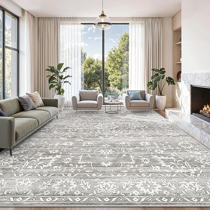 Living Room 10x14 Area Rugs, Washable Low Pile Non-Slip Stain Resistant Extra Large Thin Rug, Vintage Soft Throw Carpet for Dining Room Bedroom Farmhouse Home Office Decor Grey