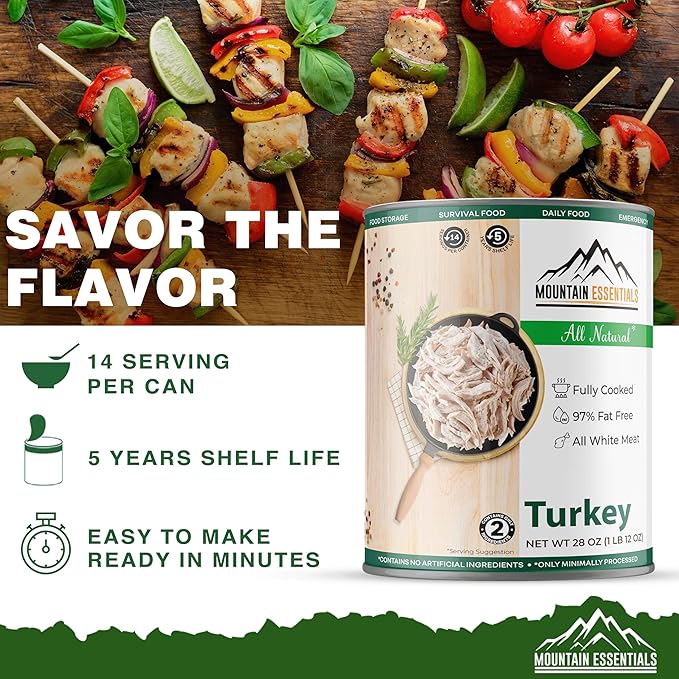 MOUNTAIN ESSENTIALS All Natural Canned Turkey 28 Oz – Fully Cooked, Ready to Eat White Meat – Pantry Staple for Daily Meals, Emergency, Survival & Camping – 5-Year Shelf Life – Made in USA – 6 Pack