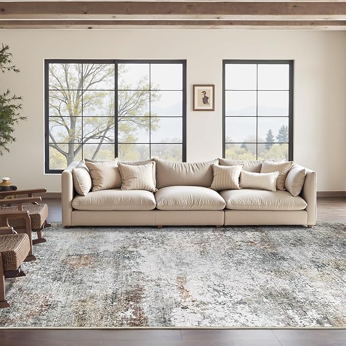 Art&Tuft Washable Rug, Anti-Slip Backing Abstract Area Rugs, Stain Resistant Rugs for Living Room, Foldable Machine Washable Area Rug(Grey/Rust, 8'x10')