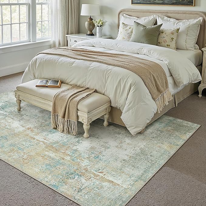 6x9 Washable Area Rug Teal Beige Modern Neutral Abstract Living Room Bedroom Indoor Floor Carpet Low Pile Soft Non-Slip Lightweight Vacuumable Throw Rug for Nursery Dining Room Office