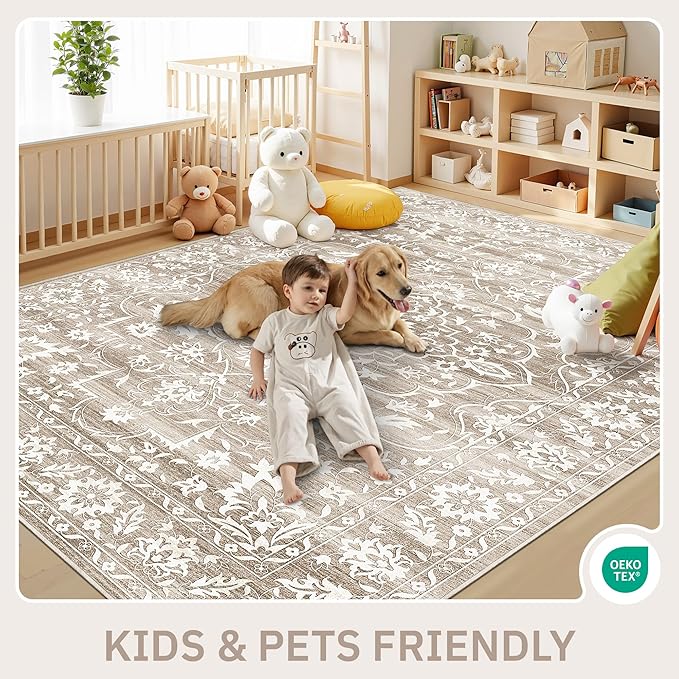 8x10 Washable Area Rugs for Living Room, Vintage Floral Stain Resistant Non-Slip Low Pile Natural Rug Soft Throw Large Carpet for Dining Room Bedroom Home Office (Light Brown, 8'x10')