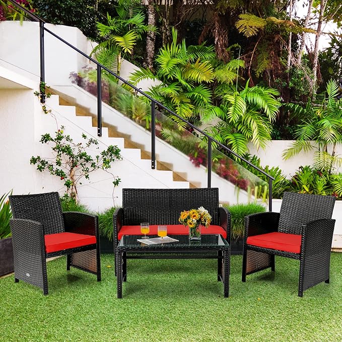 Tangkula 4 Pieces Rattan Furniture Set, Outdoor Conversation Set w/Chair & Loveseat & Tempered Glass Coffee Table, Suitable for Garden, Backyard, Poolside, Patio Furniture Set for 4 (1, Red)