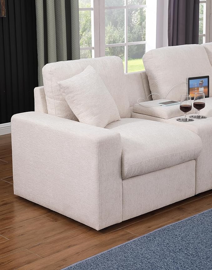 127" Modular Sectional Sofa,Modern Oversized Cloud Couch with Cup Holder&USB Port,7 Seater Convertible L-Shaped Chenille Sofas W/Ottoman,2 Pillows&Storage Box,Comfy Couches for Living Room,Beige