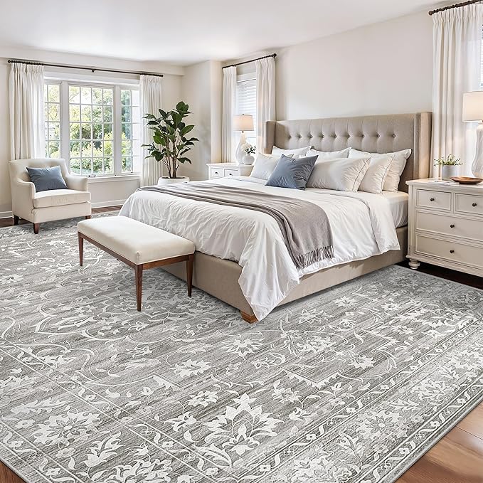 Living Room 10x14 Area Rugs, Washable Low Pile Non-Slip Stain Resistant Extra Large Thin Rug, Vintage Soft Throw Carpet for Dining Room Bedroom Farmhouse Home Office Decor Grey