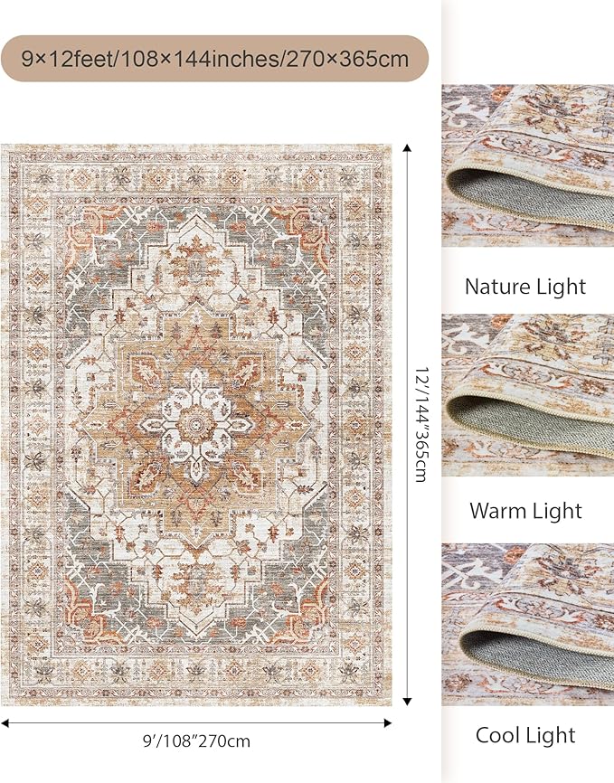9x12 Area Rugs for Living Room,Ultra-Thin Washable Rug, Non-Slip Lightweight Foldable Area Rug, Stain Resistant Vintage Large Rugs(Turmeric/Grey, 9'x12')