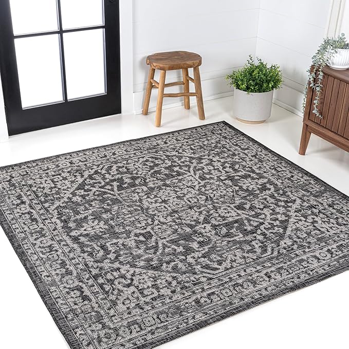 JONATHAN Y Boho Medallion Indoor Outdoor Square Area Rug 8X8 Black/Gray, Malta Textured Weave for Backyard, Patio, Porch, Easy-Cleaning, High Traffic, Pet-Friendly, Non-Shedding (SMB104C-8SQ)