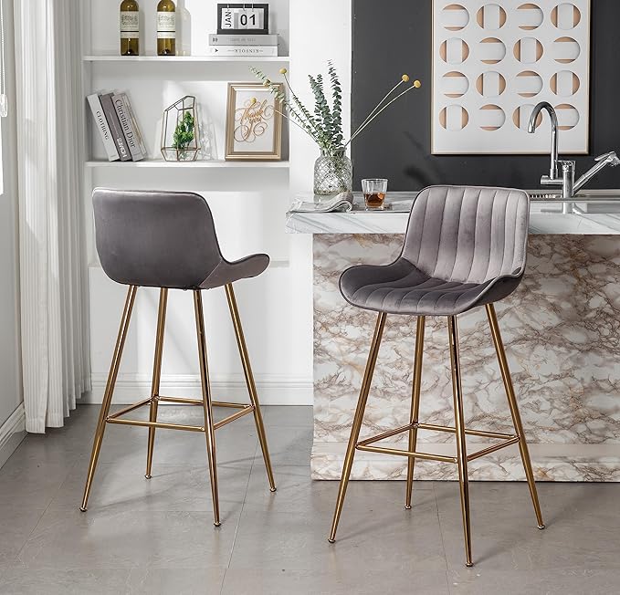 Sidanli Gold Bar Stools Set of 2, 29” Velvet Barstools, Kitchen Chairs for Counter Height with Back and Footrest, Gray