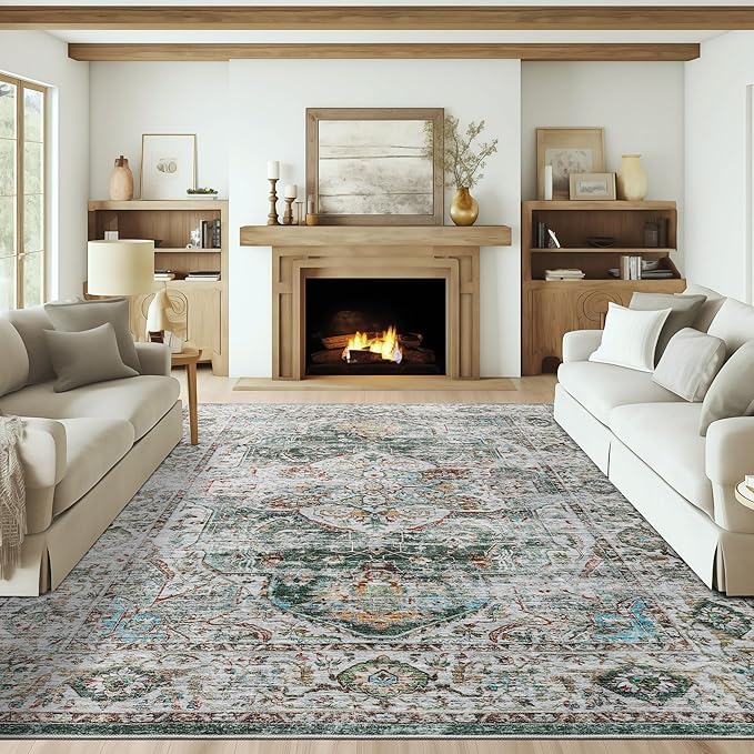 9x12 Area Rug,Ultra-Thin Washable Rugs for Living Room,Non-Slip Lightweight Foldable Area Rug,Stain Resistant Vintage Large Rugs (Green,9'x12')
