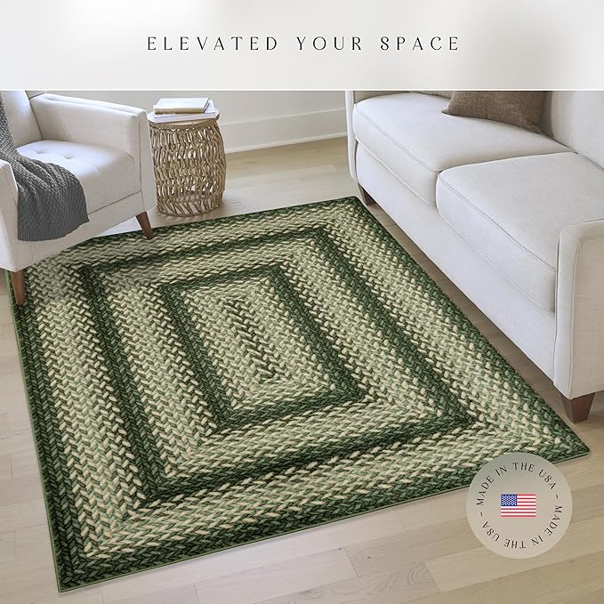Maples Rugs Marion Bohemian Braided-Style Print Area Rug ??Made in USA ??Low Pile, Non-Slip, Pet-Friendly Indoor Rug for Bedroom, Living Room & Office, 5' x 7', Green