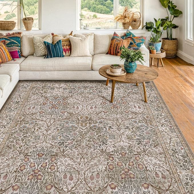 5x7 Washable Moss Green Oriental Area Rug for Living Room - Dining Room Rugs for Under Table, Home Office, Low Pile Non-Slip Floor Carpet for Bedroom - Vintage Brown Design & Stain Resistance