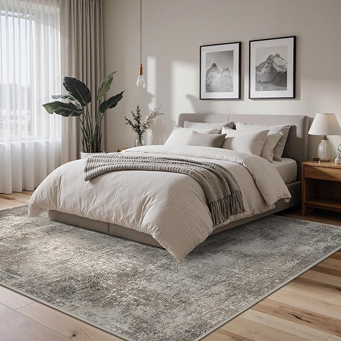 Area Rugs 8x10 for Living Room Bedroom, Modern Abstract Machine Washable Rug, Large Soft Low Pile Floor Carpet with Non Slip Backing for Dining Room, Grey