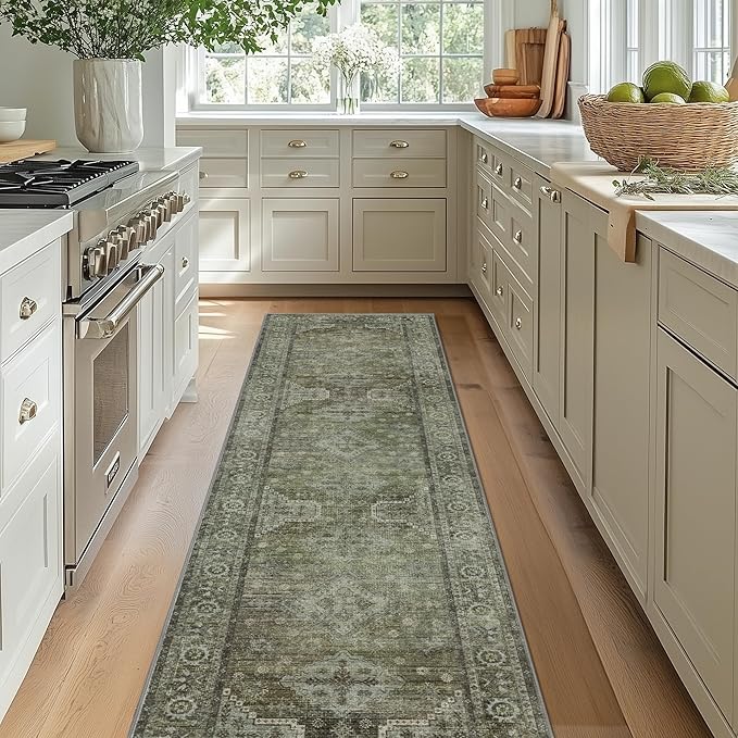 Runner Rug for Hallway Kitchen, 2x5 Machine Washable Runners Rug for Entryway, Soft Modern Boho Throw Rugs, Low Pile Floor Cover with Non Slip Backing, Distressed Light Greyish Sage Green