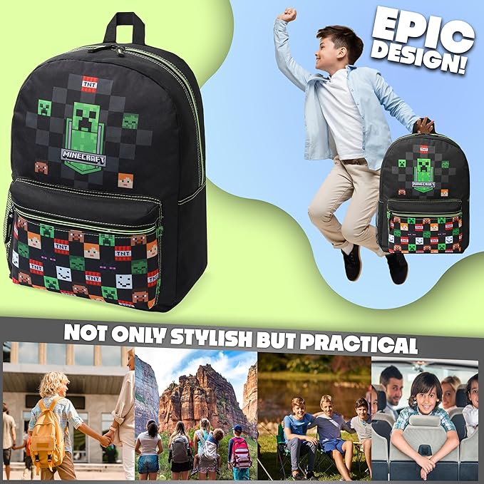 Minecraft Backpack for Boys Kids Teens Adjustable Straps Front Pocket Daypack Backpacks for Sports Gym School Gamer Gifts (Black)