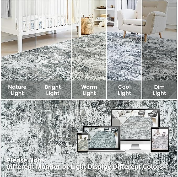 6x9 Area Rugs Living Room Rug Modern Abstract Neutral Washable Rugs Non Slip Soft Carpet Large Area Rug Low Pile Stain Resistant Non Shedding for Bedroom Nursery Dining Room Home Office Gray