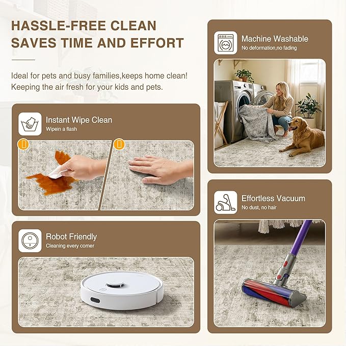 HUGEAR Washable 2x3 Entryway Area Rugs Retro Beige Small Vintage Distressed Non Slip Stain Resistant Low Pile Neutral Throw Carpet for Bedside Kitchen Entryway Home Decor