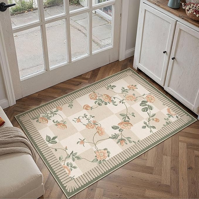 HUGEAR 2x3 Checkered Rugs for Entryway Machine Washable Beige Small Carpet Floral Print Non-Slip Stain Resistant Low Pile Indoor Throw for Entrance Kitchen Bedroom Dining Laundry