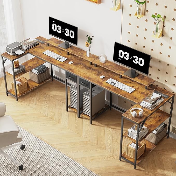 47" L Shaped Computer Desk with LED Light and Power Outlet, Reversible L Shaped Desk with Monitor Stand and Drawer, Gaming Desk with Shelves and 2 Hooks for Home Office Bedroom