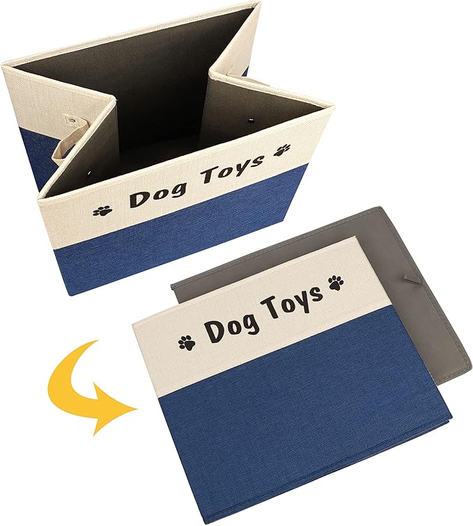 PET ARTIST Large Dog Toy Basket, Foldable Dog Toy Bin Box for Living Roon Area, Collapsible Storage Baskets with Comfortable Handles for Pet Coat,Accessories, Navy Blue, 15"x13"x12"