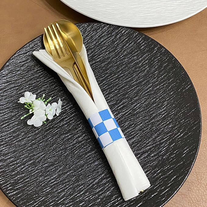 Germiwipe Paper Napkin Band Box of 500,Napkin Rings Self Adhesive,Silverware Wraps Bands (Blue White Grid, Blue White Grid-500pcs)