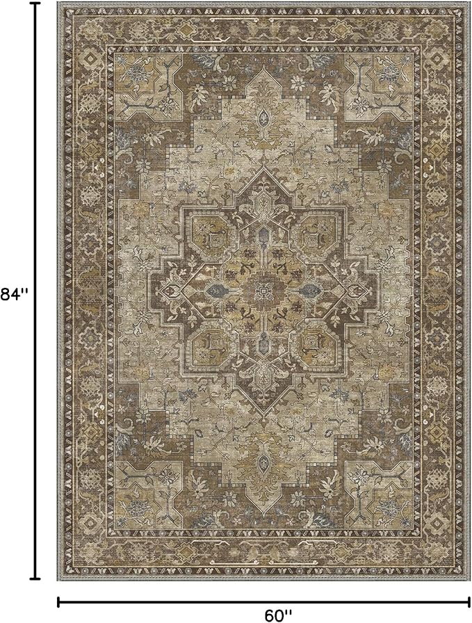 GENIMO 5x7 Area Rugs for Living Room, Machine Washable Non Slip Vintage Rugs, Low Pile Lightweight Chenille Print Rug for Bedroom, Dining Room, Home Office,Rustic Brown
