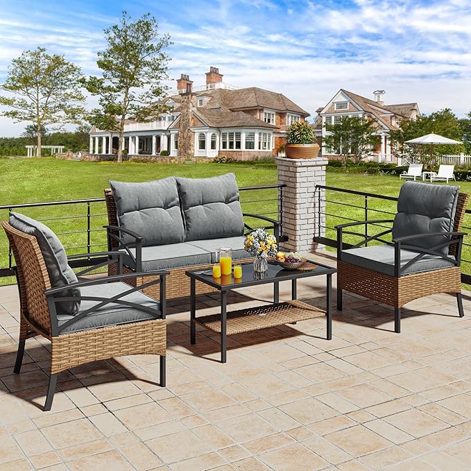 YITAHOME 4 Pieces Patio Furniture Set Outdoor Wicker Patio Conversation Set with Metal Table and Soft Cushions All-Weather Rattan Bistro Set with Loveseat (Light Brown + Gray)