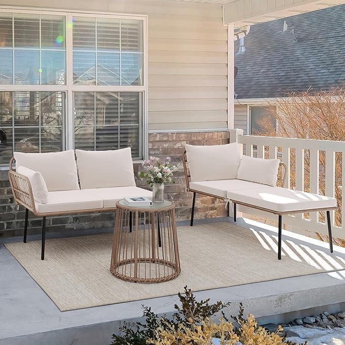 YITAHOME 3 Piece Patio Furniture Set Wicker Patio Sectional with Removable Cushions and Coffee Table All-Weather L-Shaped Sectional Conversation Sofa Set Outdoor Furniture Set for Backyard Porch