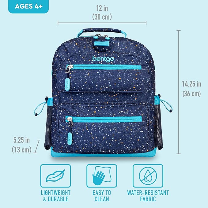 Bentgo Kids Confetti Backpack - Lightweight 14” Backpack for School, Travel & Daycare, Ideal for Ages 4+, Durable & Water-Resistant, Roomy Interior, & Loop for Lunch Bag (Confetti Edition-Abyss Blue)