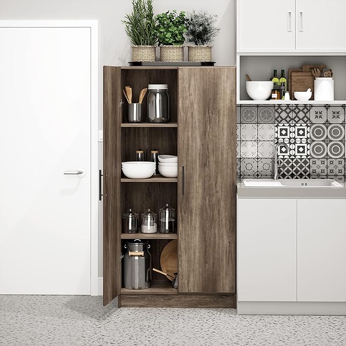 Prepac Elite Tall Garage Storage Cabinet & Pantry Storage Cupboard, 2-Door Freestanding Bathroom or Pantry Cabinet with Adjustable Shelves, 16" D x 32" W x 65" H, Drifted Gray