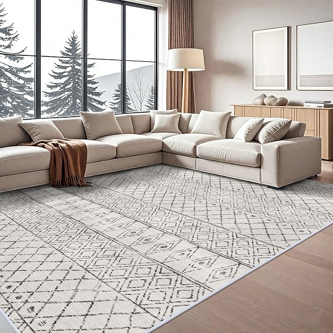 10 x 12 Area Rug - Modern Living Room Area Rugs Washable Moroccan Rugs Low Pile Non Slip Carpets Soft Indoor Thin for Bedroom Dining Room Office 10x12 Geo Grey