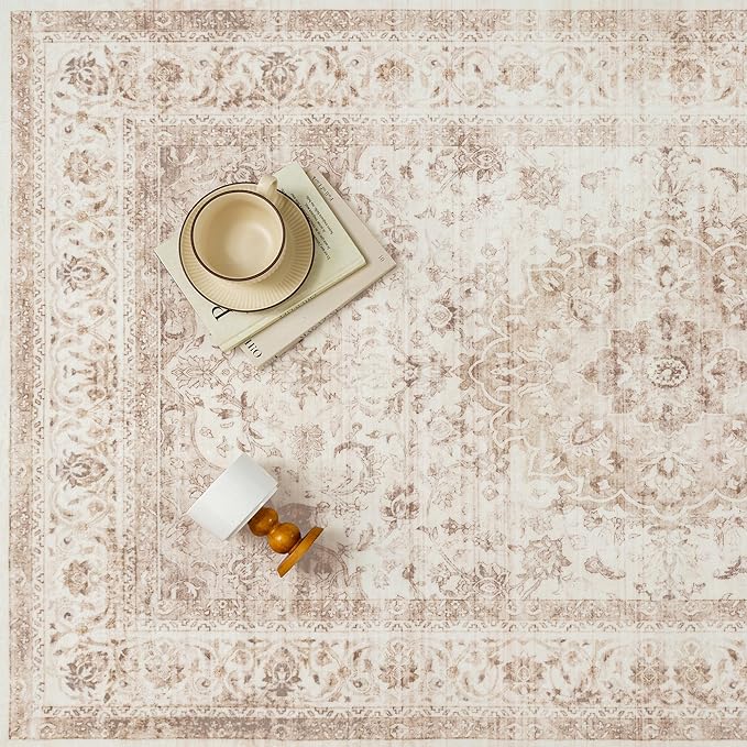 8x10 Beige Washable Vintage Area Rug for Living Room Bedroom Soft Tranditional Non Slip Large Throw Rug Lightweight Floral Low Pile Distressed Carpet Office Playroom Home Decor