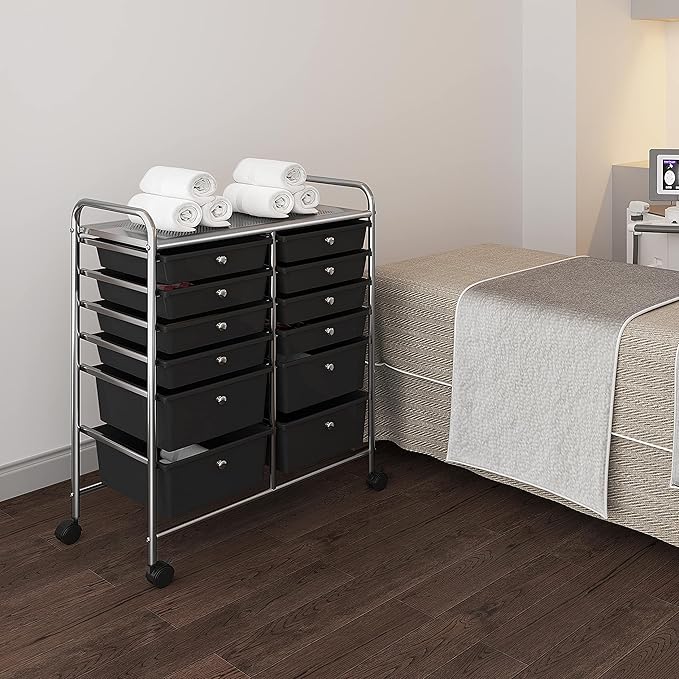 Yaheetech 12 Drawers Rolling Storage Cart Multipurpose Movable Organizer Cart Storage Bin Trolley Tools Scrapbook Paper Organizer on Wheels, Black