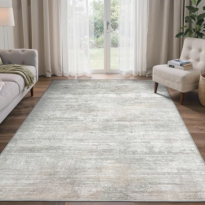 Area Rugs 5x7 for Living Room Bedroom, Modern Abstract Machine Washable Rug, Large Soft Low Pile Floor Carpet with Non Slip Backing for Dining Room, Light Grey/Beige