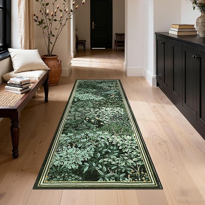 GarveeHome Forest Runner Rug, Dark Green Washable Runner Rug 2x6 for Kitchen, Botanical Low Pile Non Slip Stain Resistance Woodland Hallway Rug for Entryway Bedroom Laundry Room