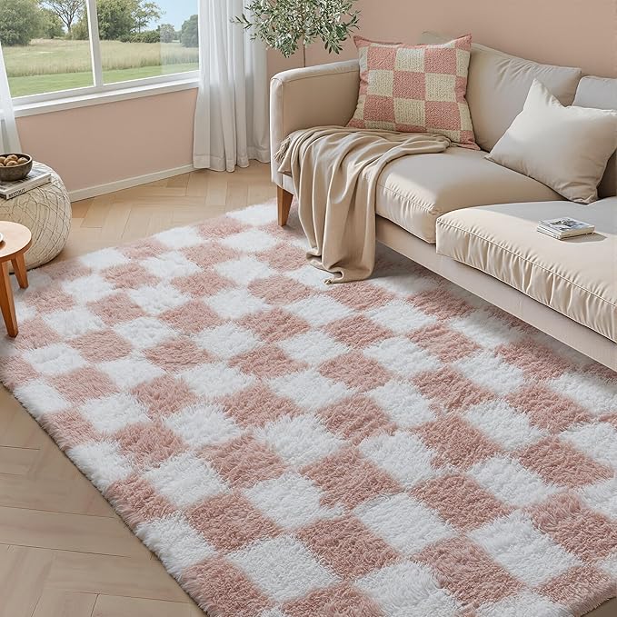 Checkered Rug 5x7 for Living Room, Pink and White Modern Shag Rugs Super Soft Washable Indoor Office Fuzzy Carpet Non-Slip Fluffy Rugs for Bedroom Home Aesthetic Decor