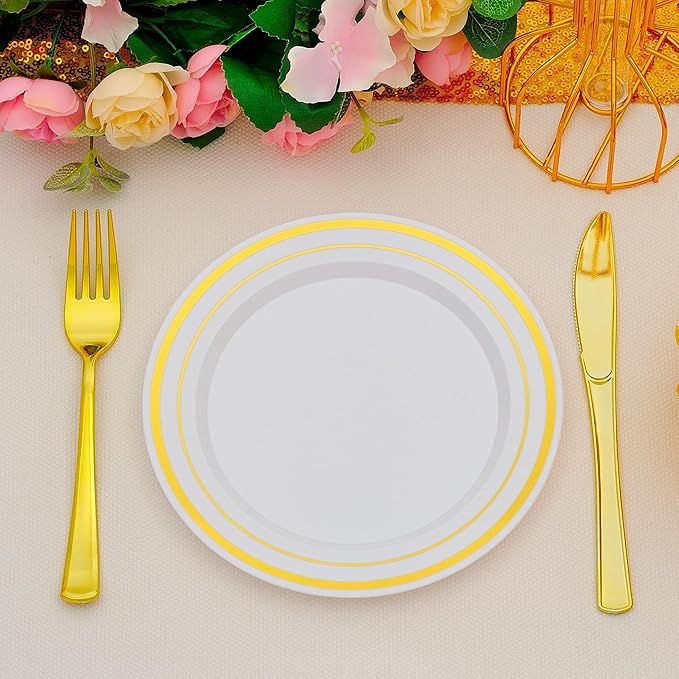 120pcs Gold Dessert Plates with Forks for 60 Guests-60pcs 7.5" Small Plastic Dessert Plates and 60pcs 7.4" Forks-Disposable Cake/Appetizer/Salad Plate for Wedding,Birthday and Party
