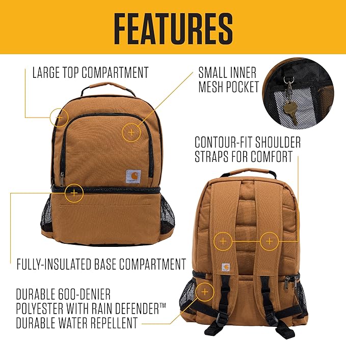 Carhartt Insulated 24 Can Two Compartment Cooler Backpack, Fully-Insulated Base, Durable Water-Resistant for Camping, Beach & Travel