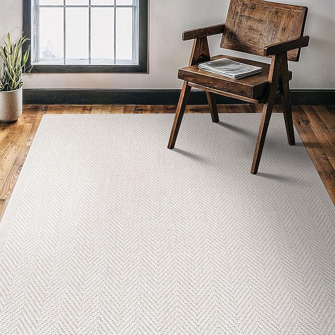 CAMILSON Easy Jute Rug 4x6, Indoor Outdoor Off-White Color Fiber Area Rugs for Living Room Patio and Kitchen Rug Herringbone Seagrass Woven Design Easy-Cleaning Washable Outside Carpet Alfombras 4 x 6