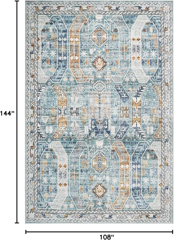 9x12 Area Rug,Ultra-Thin Washable Rugs for Living Room,Non-Slip Lightweight Foldable Area Rug,Stain Resistant Vintage Large Rugs (Blue/Gold,9'x12')